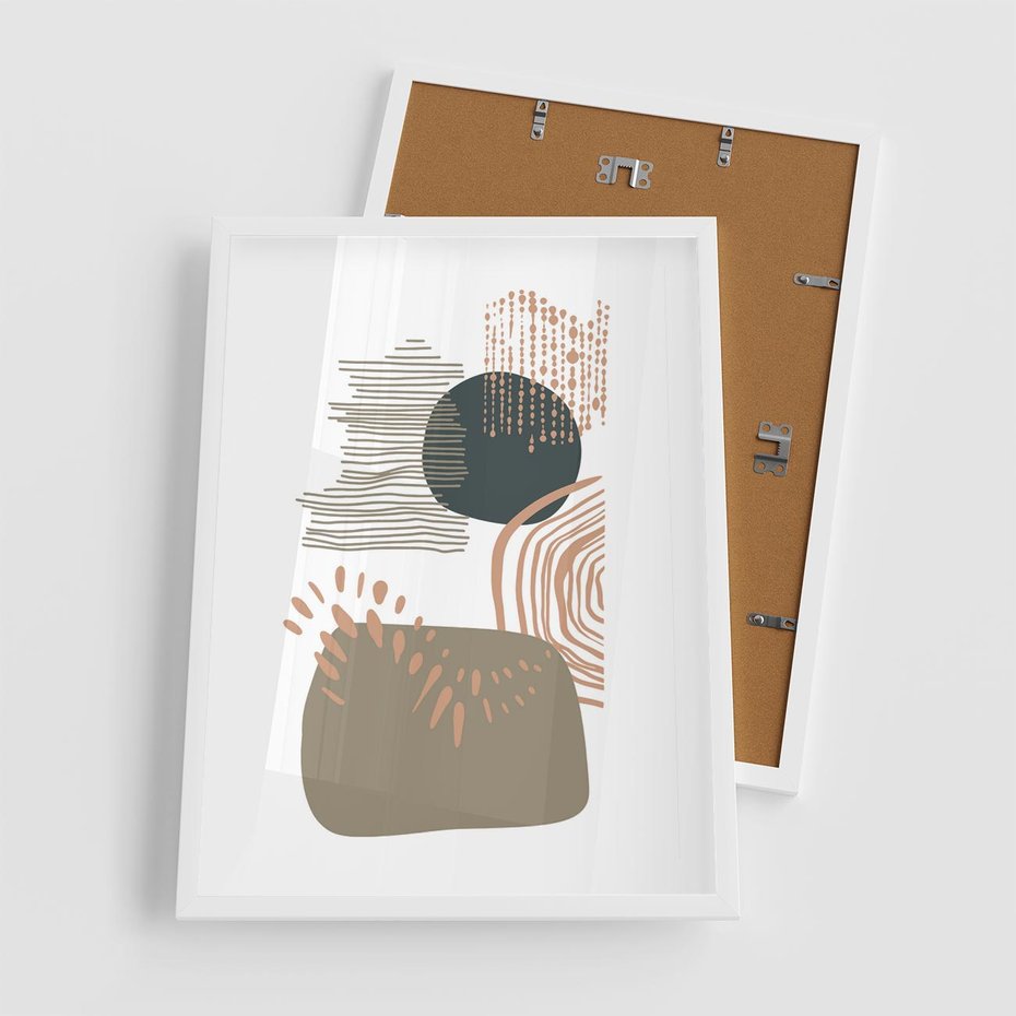 Plakat w ramie 50x70 - Taniec Plam - abstrakcyjna kompozycja z kropek kresek i kółek, odcienie brązu i beżu - rama biała