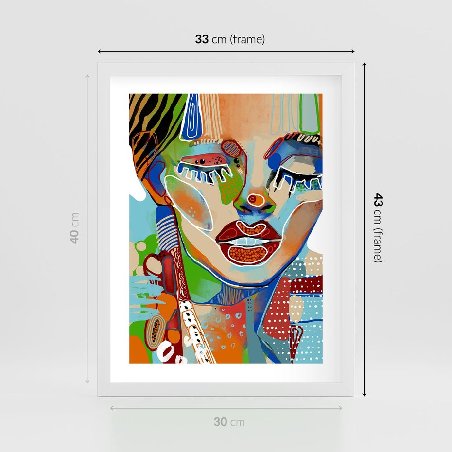 Plakat w ramie 30x40 - Kolorowe Formy - abstrakcyjny portret kobiety, twarz - rama biała