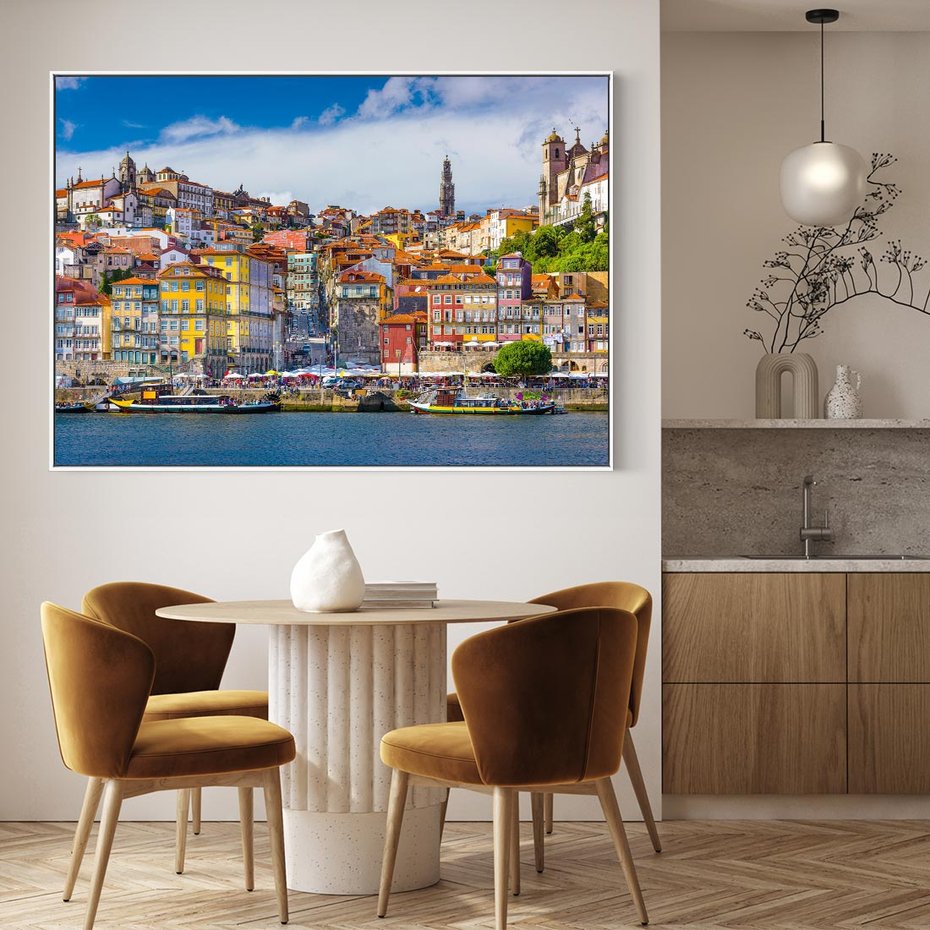 Obraz w ramie 120x80 - Kolorowa Przystań - nadmorskie miasto, kolorowe budynki - rama biała