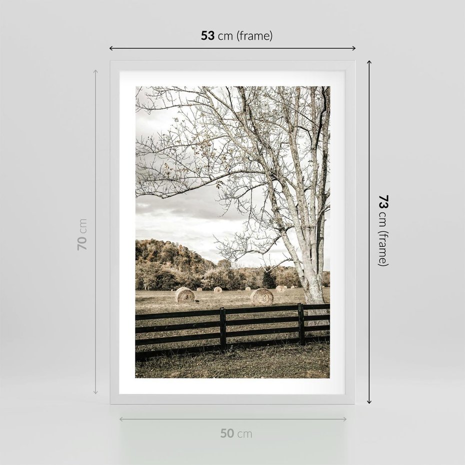 Plakat w ramie 50x70 - Drzewa i Snopki Siana - farma, drzewa - rama biała