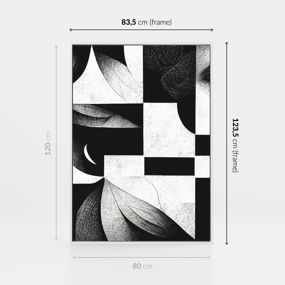 Obraz w ramie 80x120 - Harmonia świateł i cieni - abstrakcja czarno biała, geometria - rama biała
