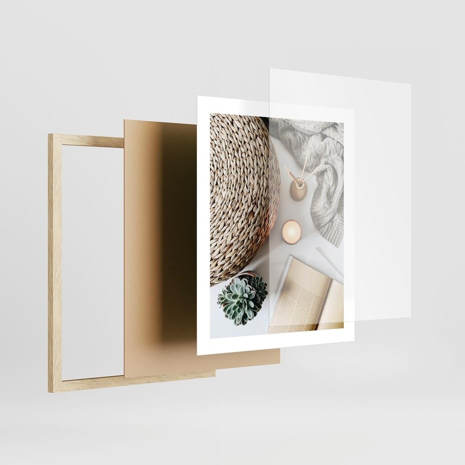 Plakat w ramie 40x50 - Przytulna Kompozycja Lifestyle - kompozycja lifestyle, wiklina - rama drewno
