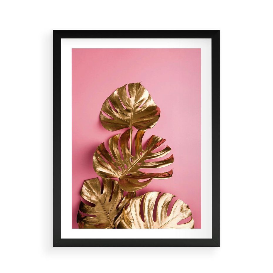 Plakat w ramie 50x70 - Złote Liście Monstery: Delikatność na Różowym Tle - złote liście monstery, różowe tło - rama czarna