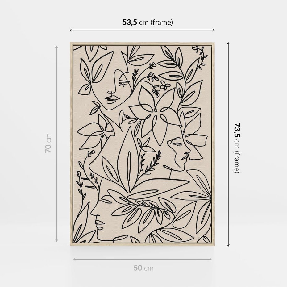 Obraz w ramie 50x70 - Kobiecy Portret Duszy - beżowe tło, czarny szkic nowoczesnych kwiatów - rama drewno