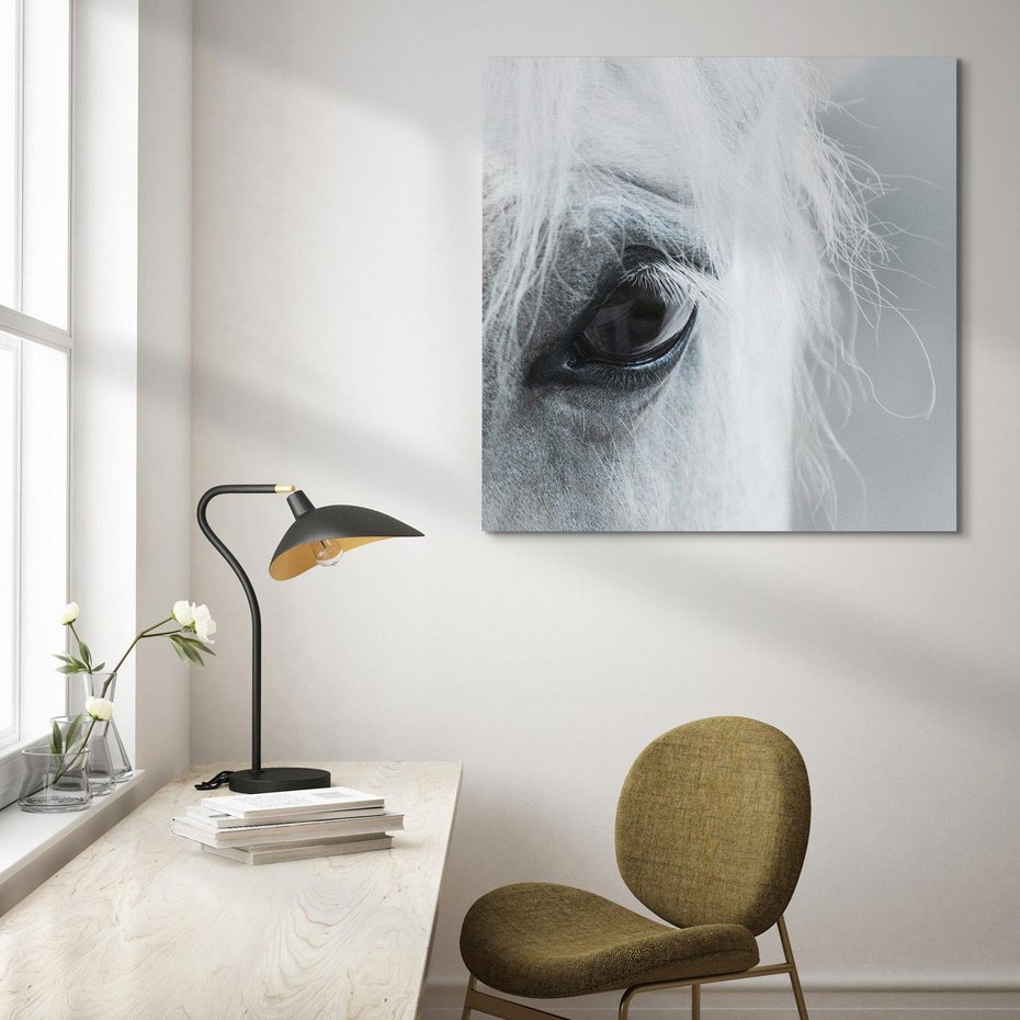 Obraz na płótnie 50x50 - Oko Mocy - czarno białe zdjęcie, zbliżenie makro na oko konia