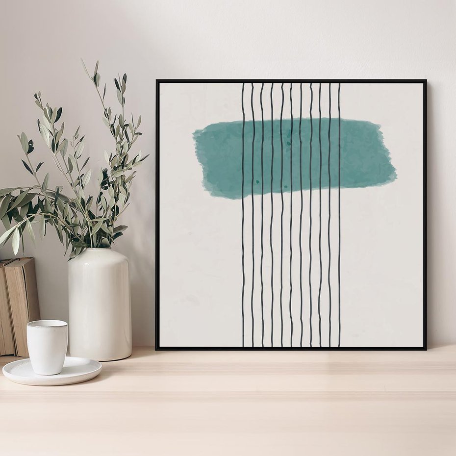 Obraz w ramie 50x50 - Bezczasowe Wspomnienia - abstrakcyjna akwarelowa plama, nieregularne kreski - rama czarna