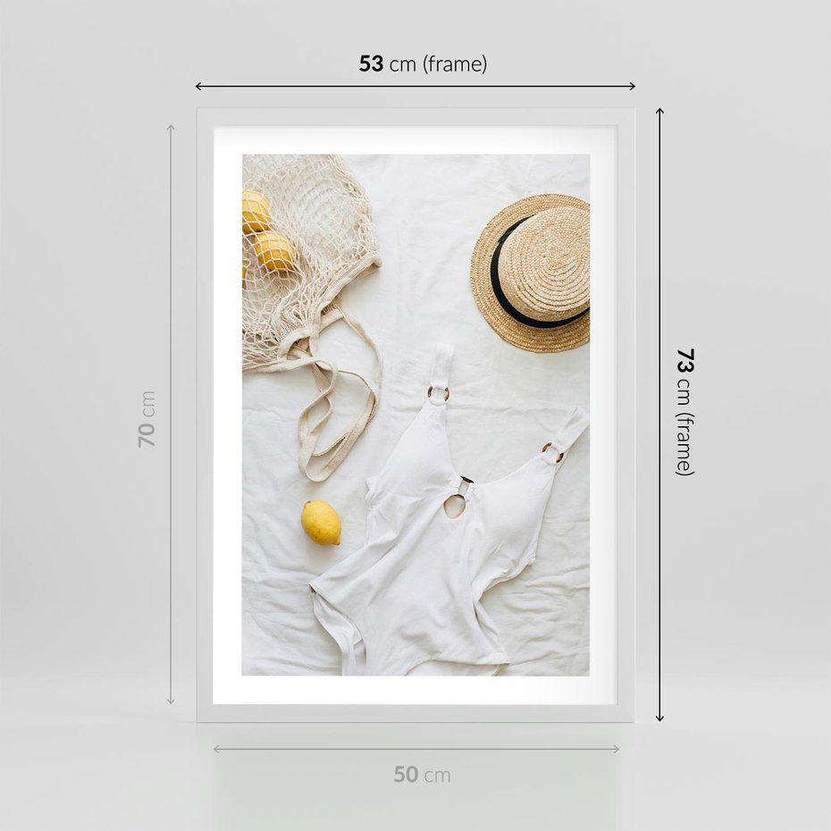 Plakat w ramie 50x70 - Moda na Wakacje: Cytrynowy Urok - kompozycja letnia, fashion - rama biała