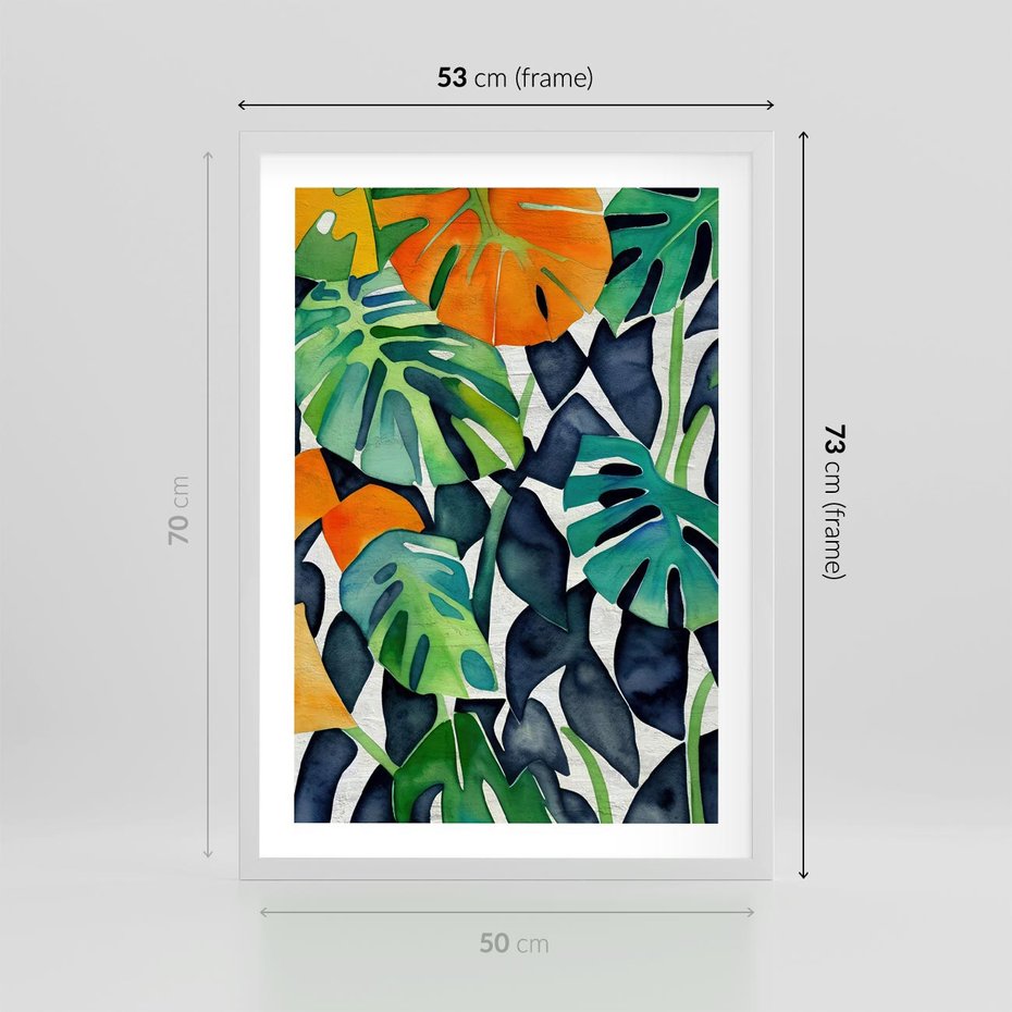 Plakat w ramie 50x70 - Tropikalne Pragnienia - akwarela, liście tropikalne - rama biała