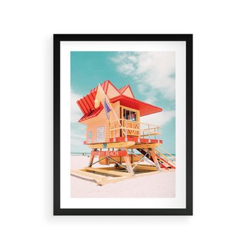 Plakat w ramie 50x70 - Rajski Widok - plaża miami, domek ratownika - rama czarna