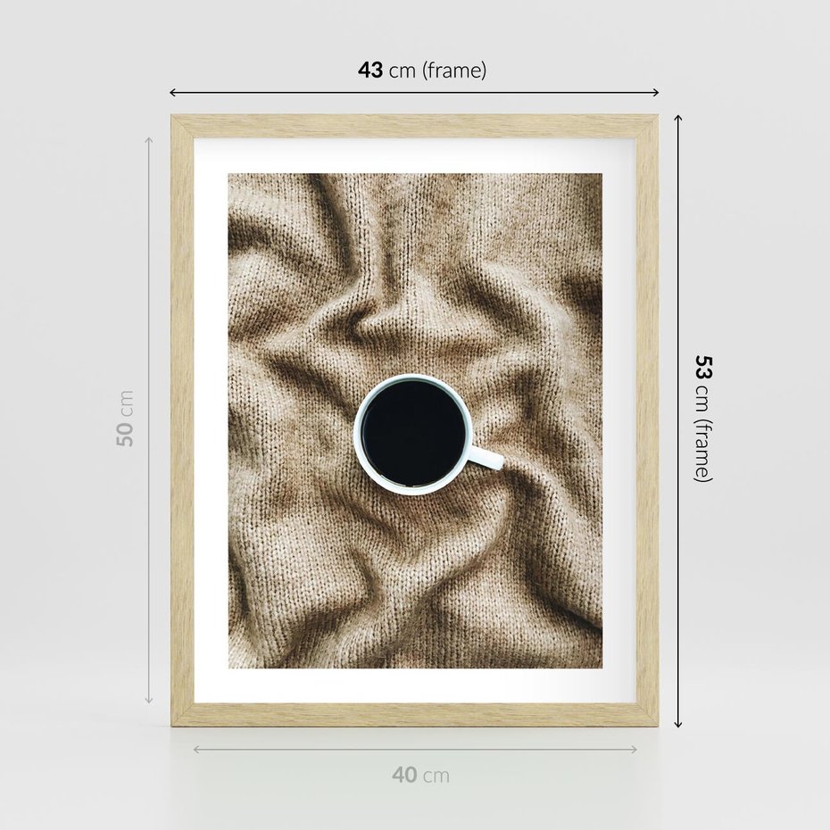Plakat w ramie 40x50 - Filiżanka Kawy na Brązowym Kocu - kawa, czarna kawa - rama drewno