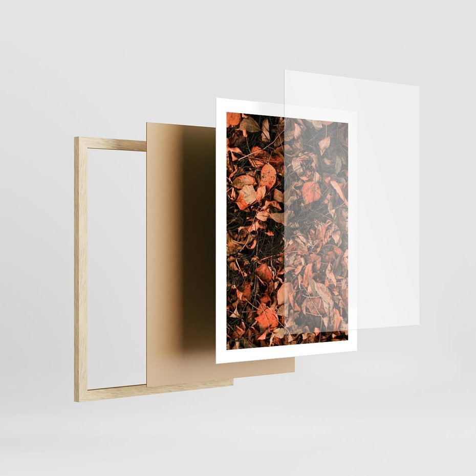 Plakat w ramie 50x70 - Jesienny Splot: Pomarańczowe Liście - liście, pomarańczowe suche liście - rama drewno