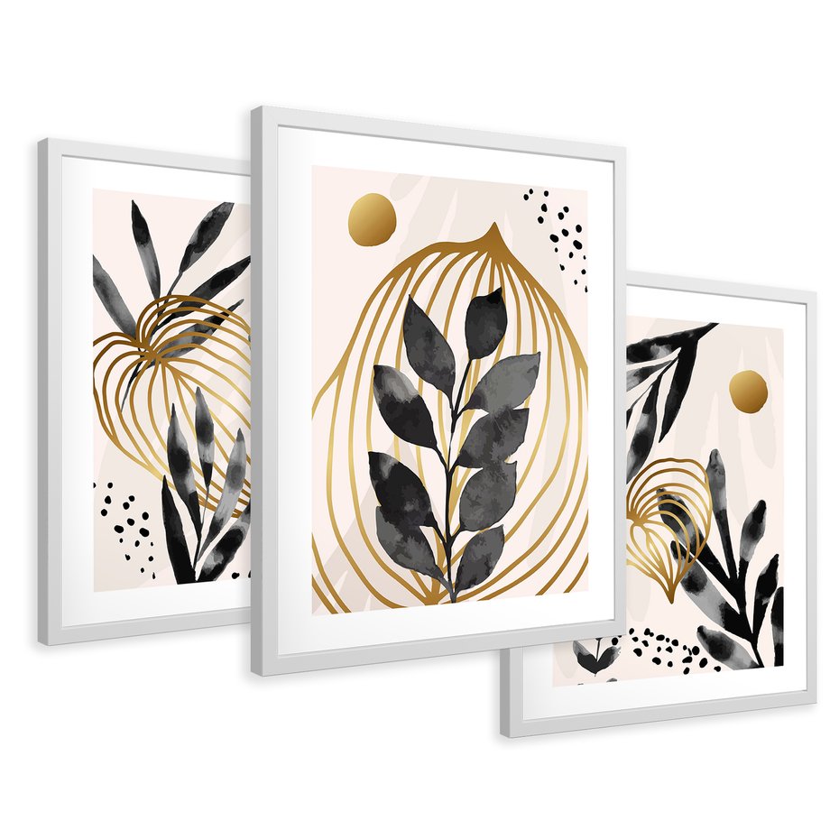 Zestaw obrazy w ramie 50x70 galeria - Złoto, liście, akwarele - rama biała