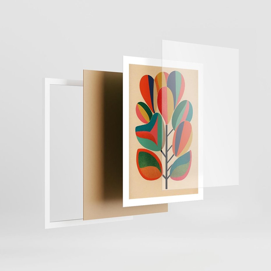 Plakat w ramie 50x70 - Wnętrza Kształtów - abstrakcyjny kolorowy tęczowy obraz, inspiracje roślinne - rama biała