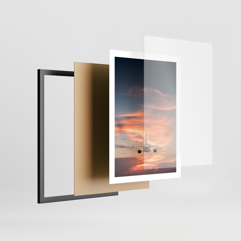 Plakat w ramie 50x70 - Podróż w Kierunku Słońca - samolot, samolot w powietrzu - rama czarna