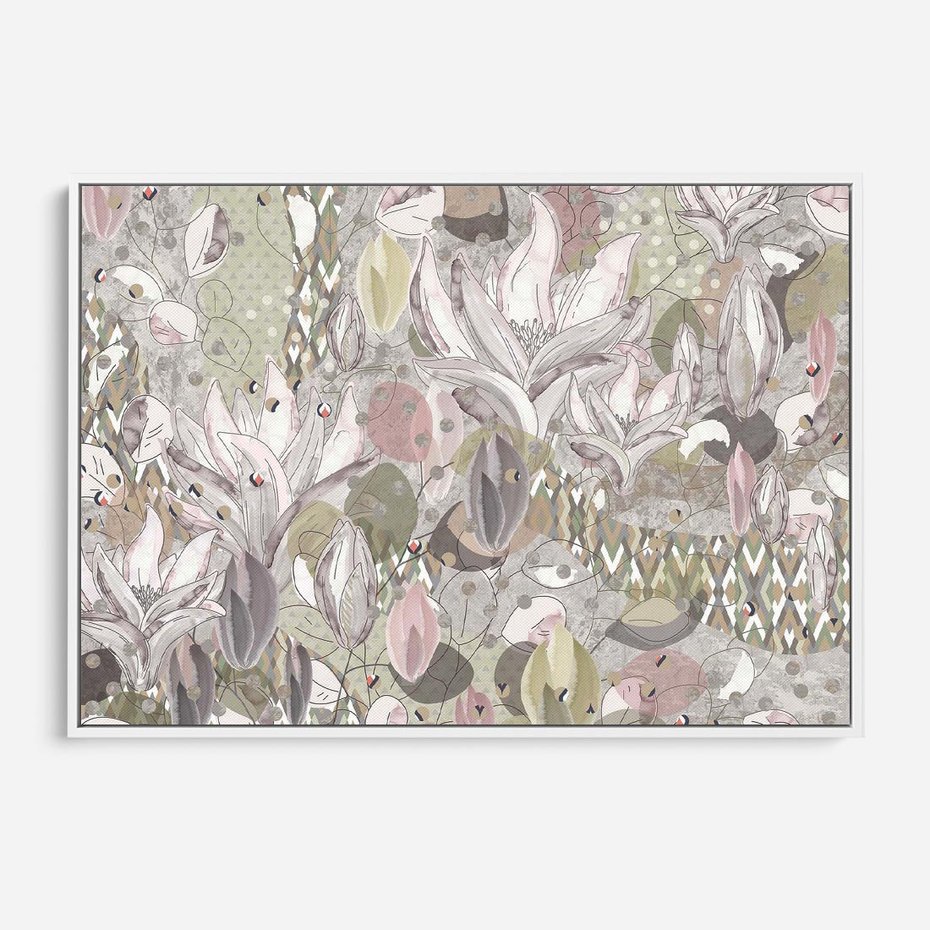 Obraz w ramie 70x50 - Pejzaże zatajonej duszy - połączenie tekstur, roślinne motywy - rama biała