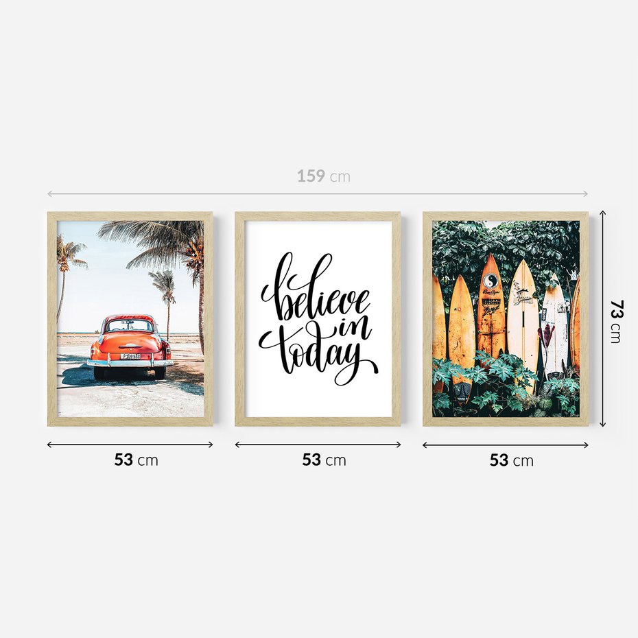 Zestaw obrazy w ramie 50x70 galeria - Pozytywny, cytat, lato, palmy - rama drewno