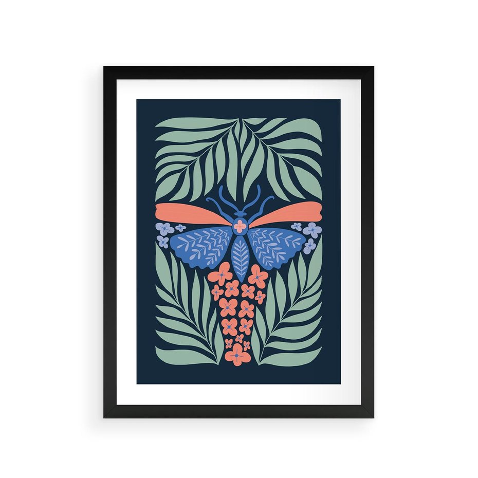 Plakat w ramie 30x40 - Granatowa Noc - granatowe tło, abstrajcyjna ćma - rama czarna