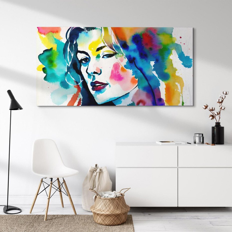 Obraz na płótnie 140x70 - Abstrakcyjna ekstaza barw - abstrakcyjny portret kobiety, szkic czarną kreską