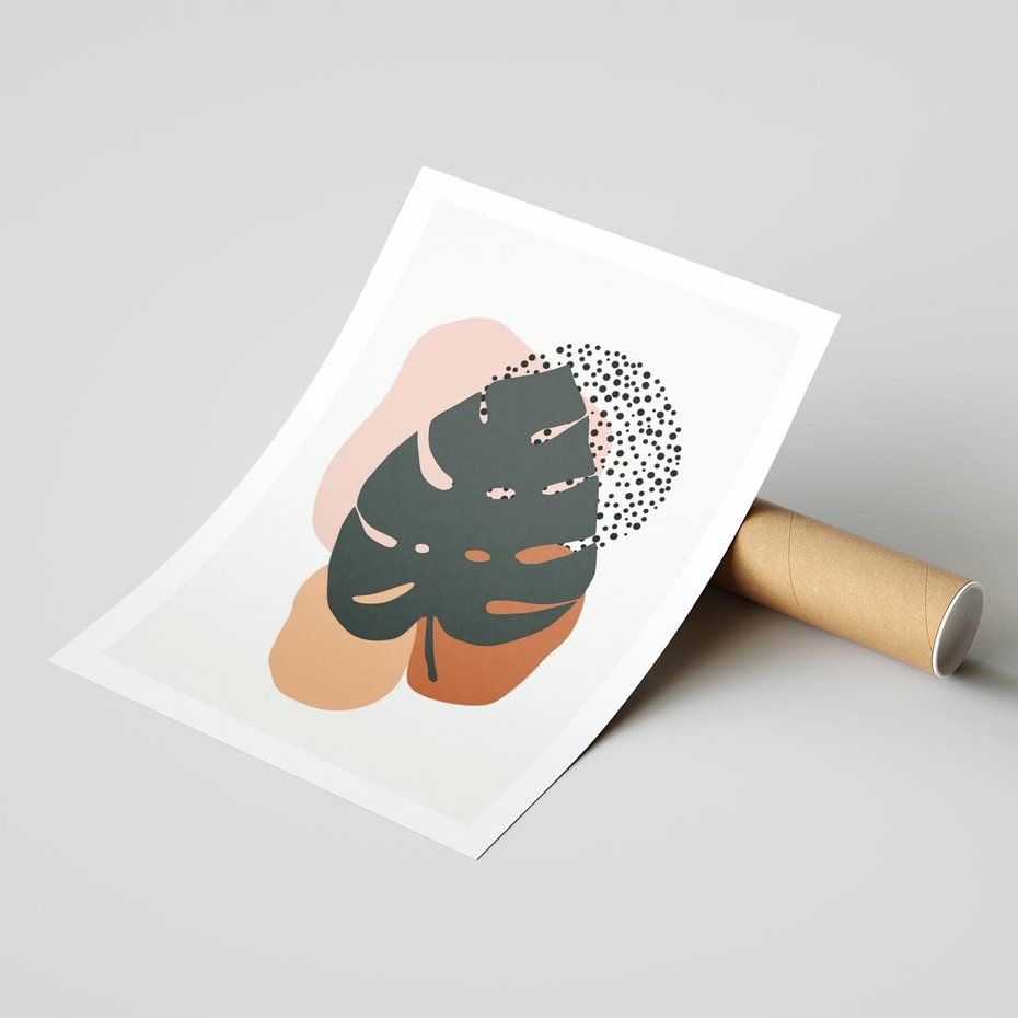 Plakat bez ramy 30x40 - Minimalizm w Liściach Monstery: Plamy i Kropki - minimalizm, monstera plamy