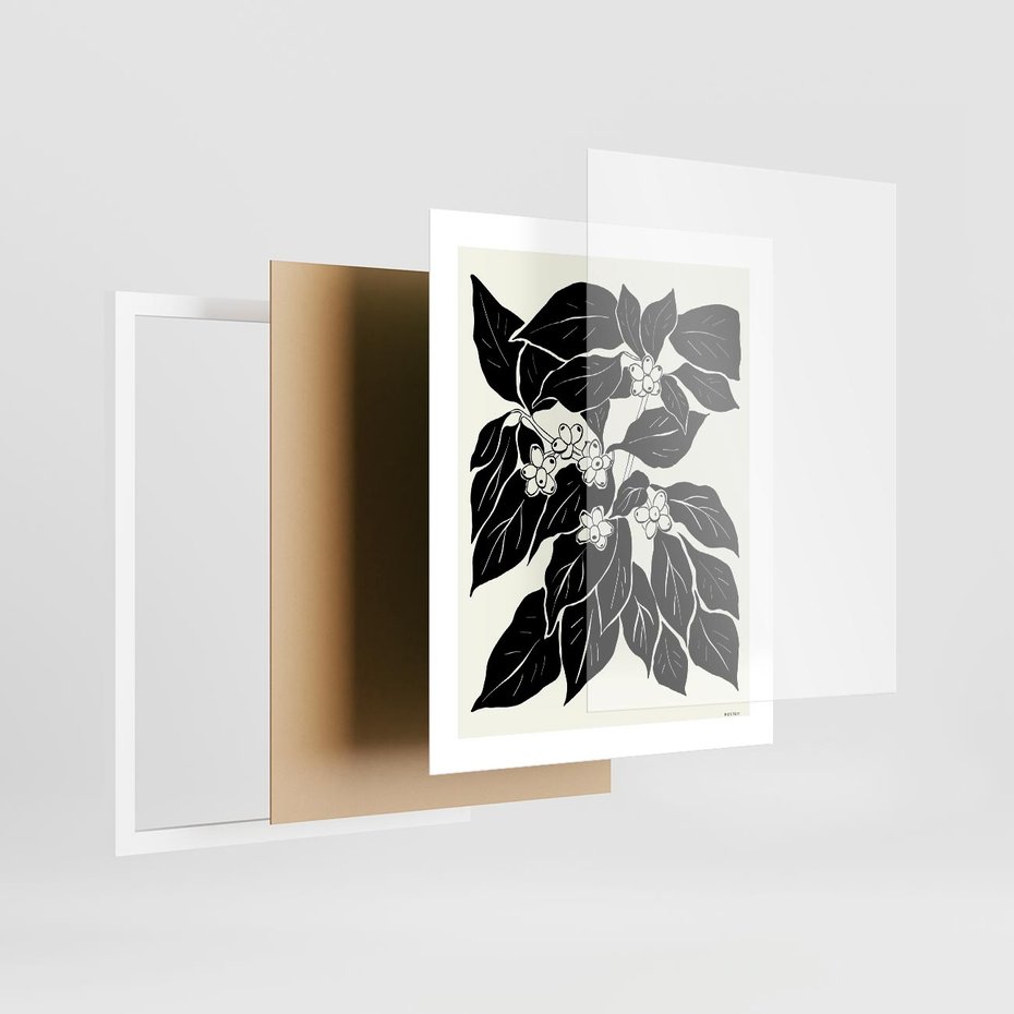 Plakat w ramie 40x50 - Ruchome szkicowe odbicia - czarno biała grafika, roślinność - rama biała