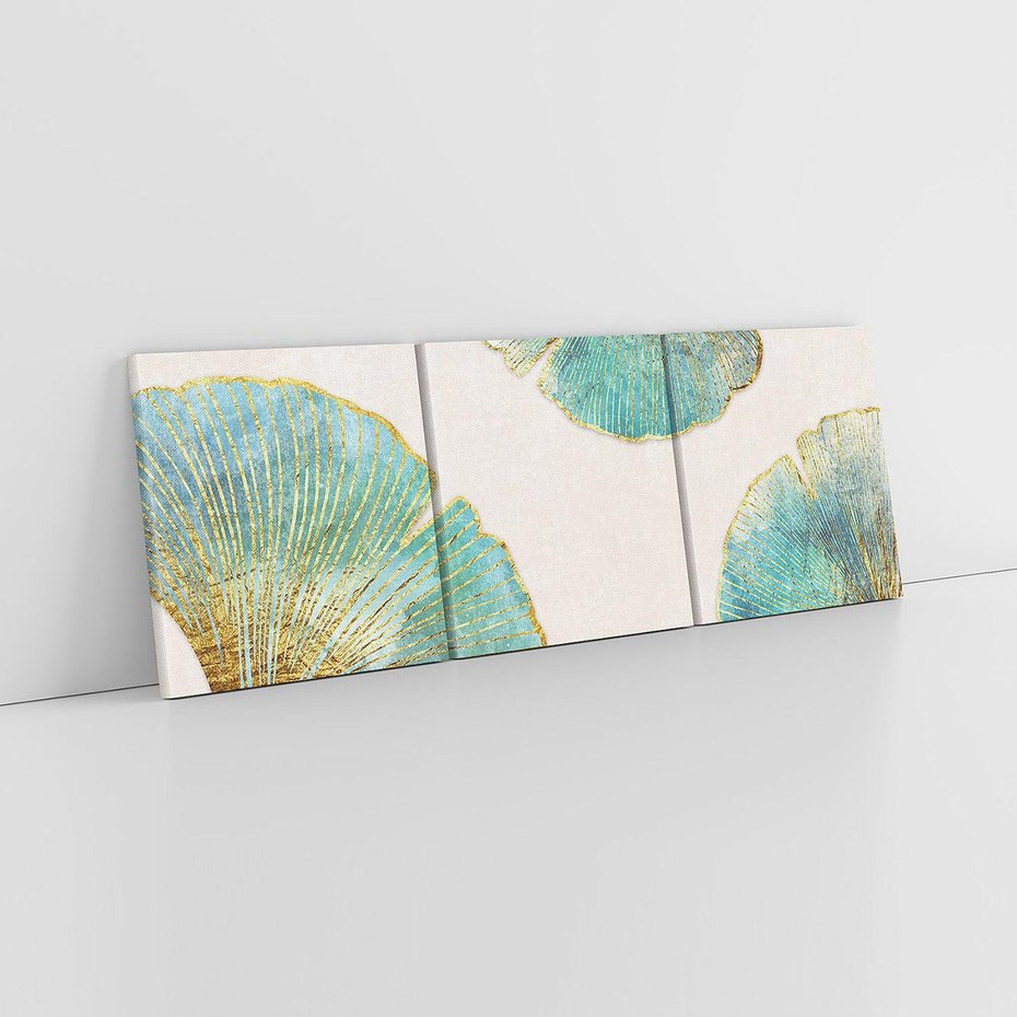 Obraz na płótnie 150x50 - Złota Melodia Liści - złote, turkusowe liście miłorzębu