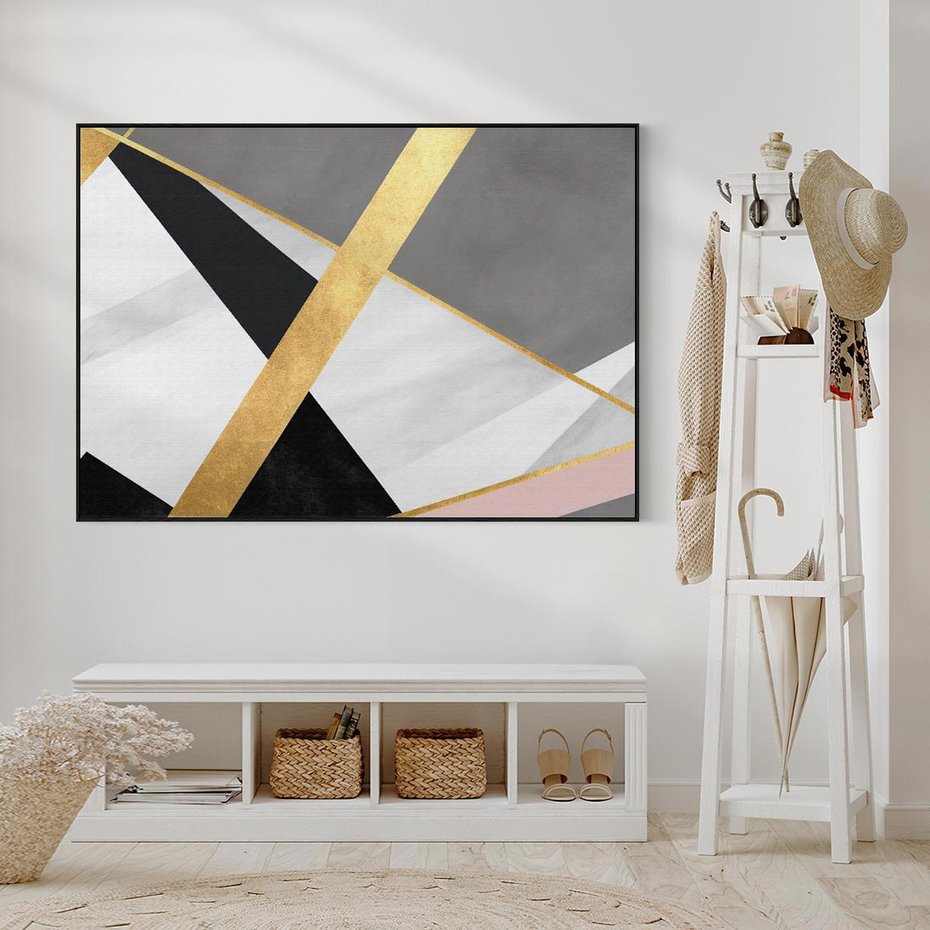 Obraz w ramie 100x70 - Pudrowe Abstrakcyjne Lustra - złote abstrakcyjne linie, szarość - rama czarna