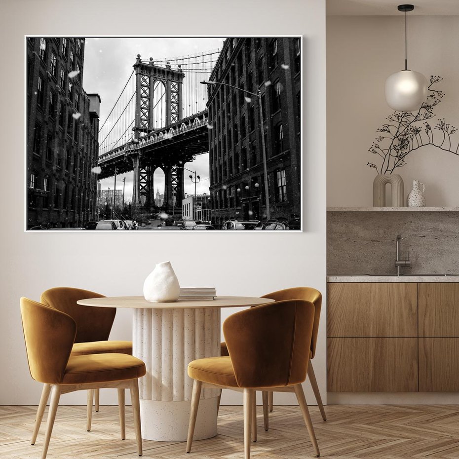 Obraz w ramie 70x50 - Ikona Miasta - Nowy Jork, most - rama biała
