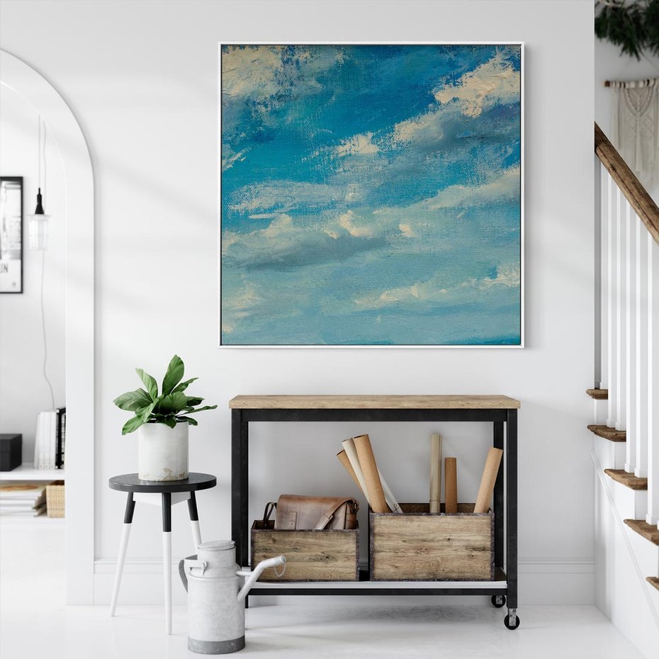 Obraz w ramie 50x50 - Oddechy niebiańskiej materii - olejny obraz, smugi farby przypominają obłoki na błękitnym niebie - rama biała