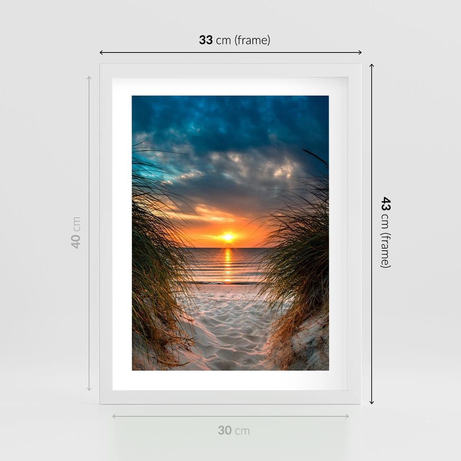 Plakat w ramie 30x40 - Magia zachodu słońca na plaży - zachód, słońca - rama biała