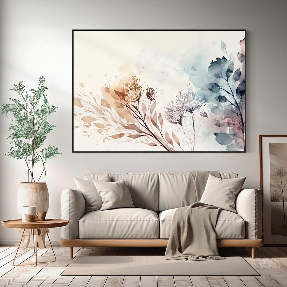 Obraz w ramie 70x50 - Nostalgiczne tańce pędzla - akwarelowe kwiaty, gałęzie - rama czarna