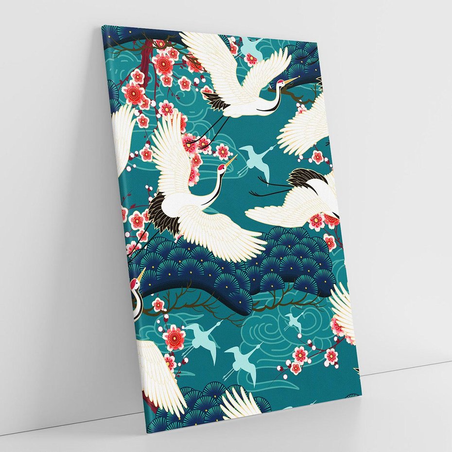 Obraz na płótnie 50x70 - Żurawie Wachlarze - orientalne japońskie żurawie, grafika