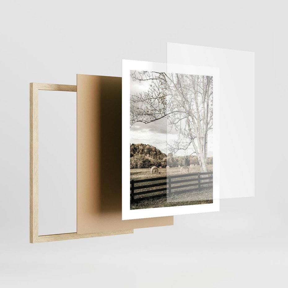 Plakat w ramie 40x50 - Drzewa i Snopki Siana - farma, drzewa - rama drewno