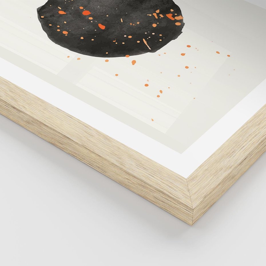 Plakat w ramie 40x50 - Wibracje Kolorów - abstrakcyjna czarna plama, rozsiane pomarańczowe kropki - rama drewno