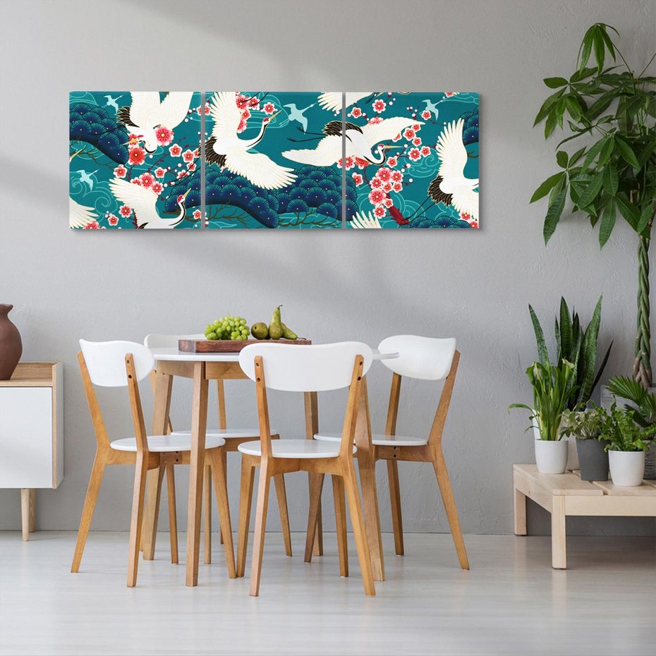 Obraz na płótnie 90x30 - Żurawie Wachlarze - orientalne japońskie żurawie, grafika