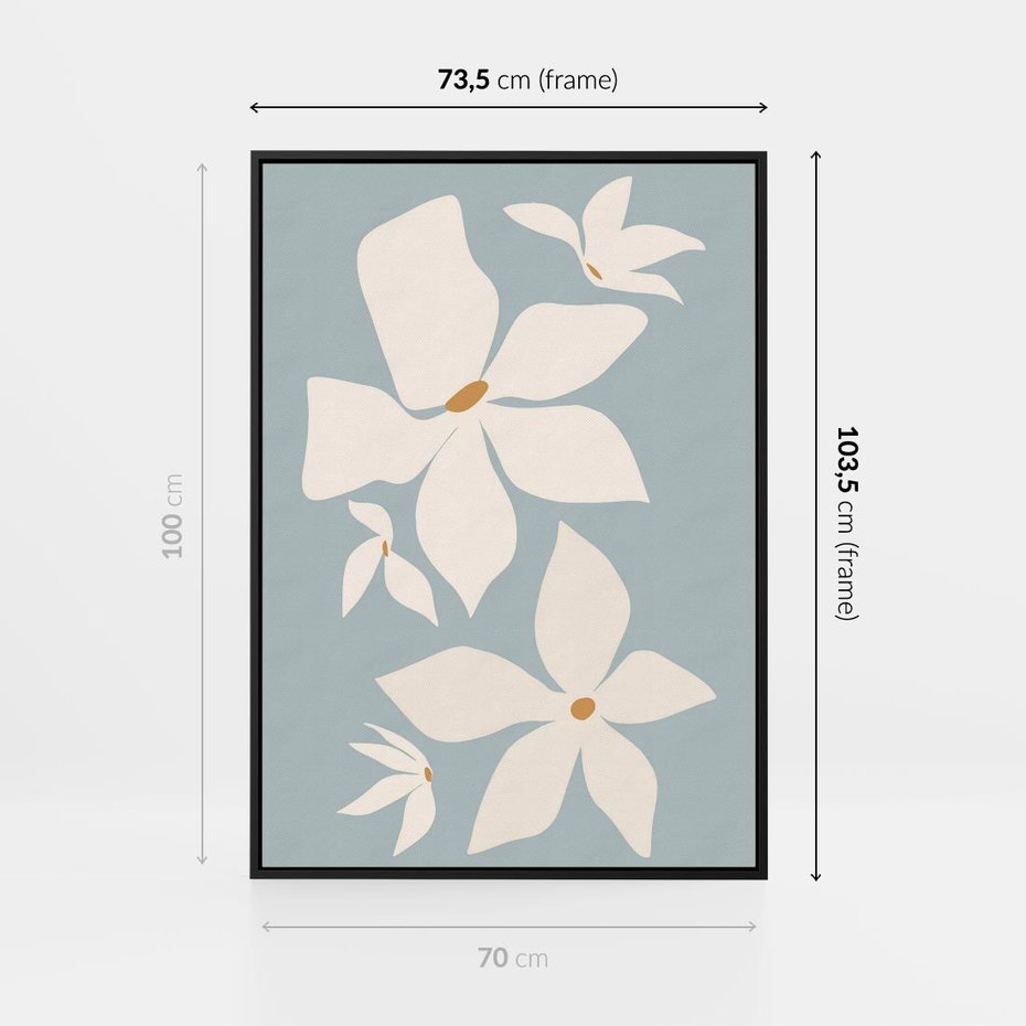 Obraz w ramie 70x100 - Błękit Kwiatów - kwiaty, nowoczesne i minimalistyczne - rama czarna