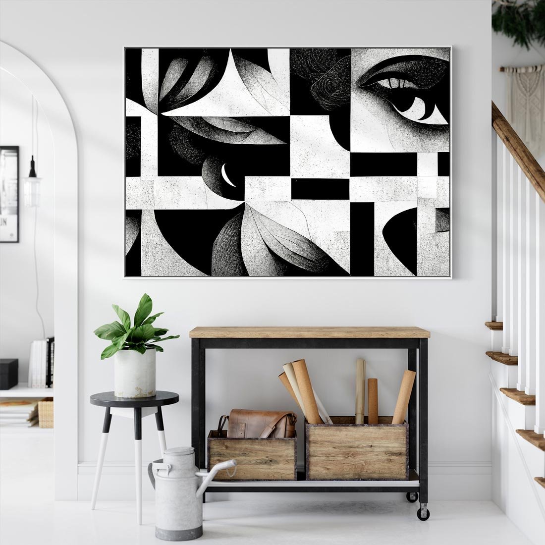 Obraz w ramie 70x50 - Harmonia świateł i cieni - abstrakcja czarno biała, geometria - rama biała