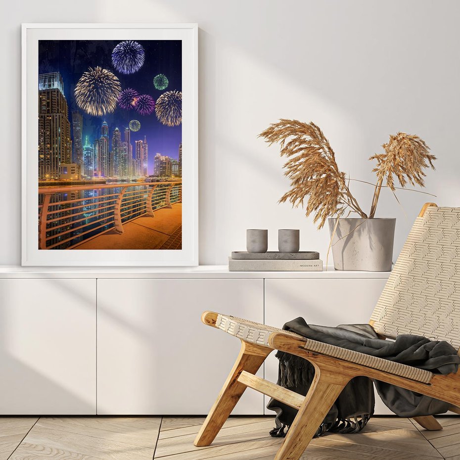 Plakat w ramie 40x50 - Fajerwerki Nowego Roku - nowy rok, fajerwerki - rama biała