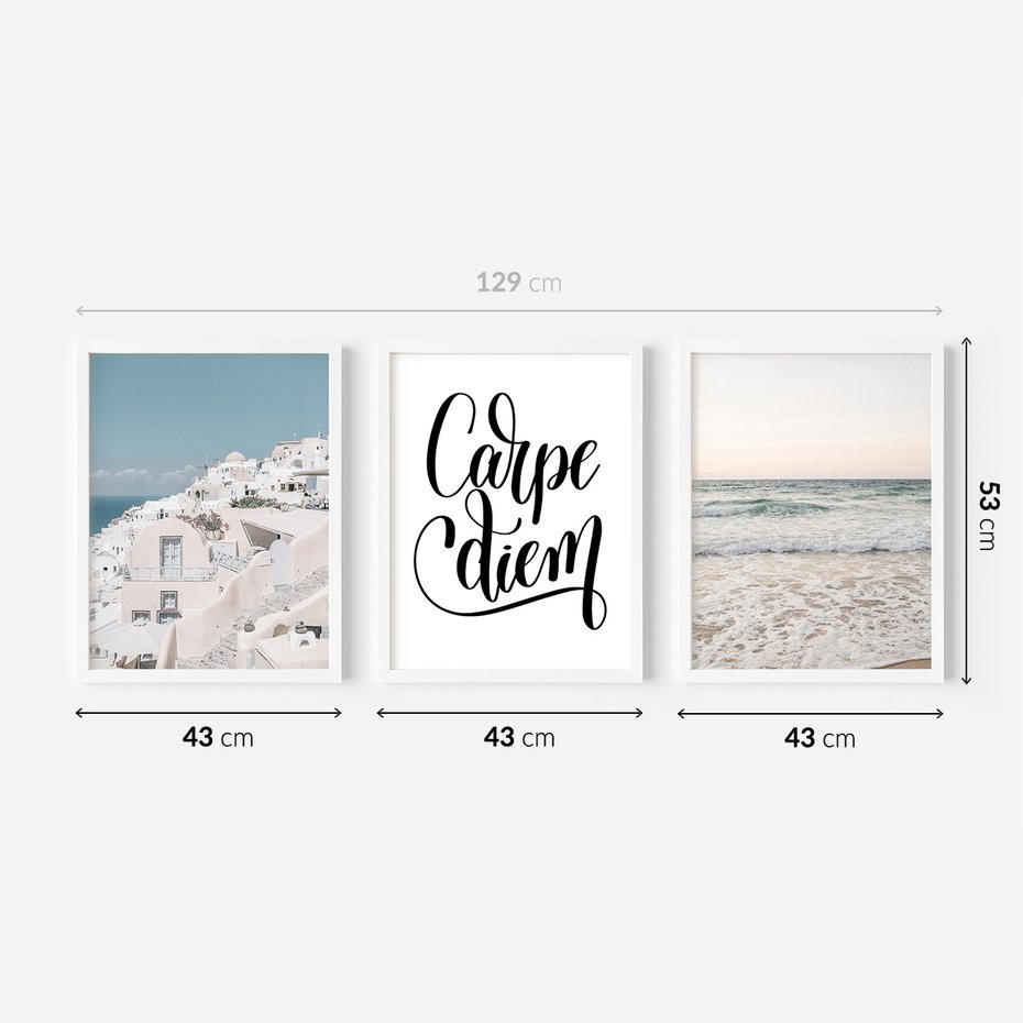 Zestaw obrazy w ramie 40x50 galeria - Carpe, diem, Santorini, plaża, morze - rama biała