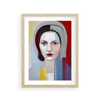 Plakat w ramie 50x70 - Kolorowe Granice Form - abstrakcyjny obraz olejny, portret twarzy kobiety - rama drewno