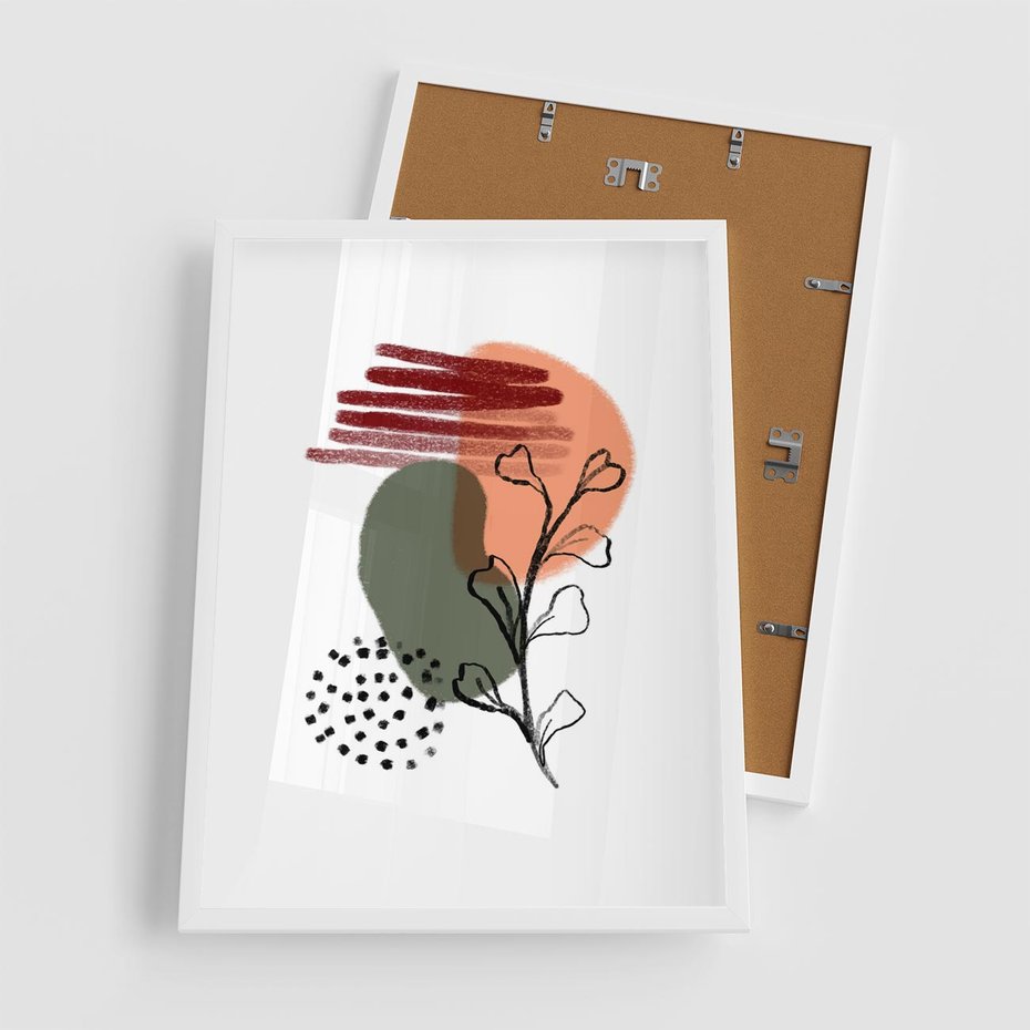 Plakat w ramie 50x70 - Przenikające Widzenia - abstrakcyjna sztuka, liście - rama biała