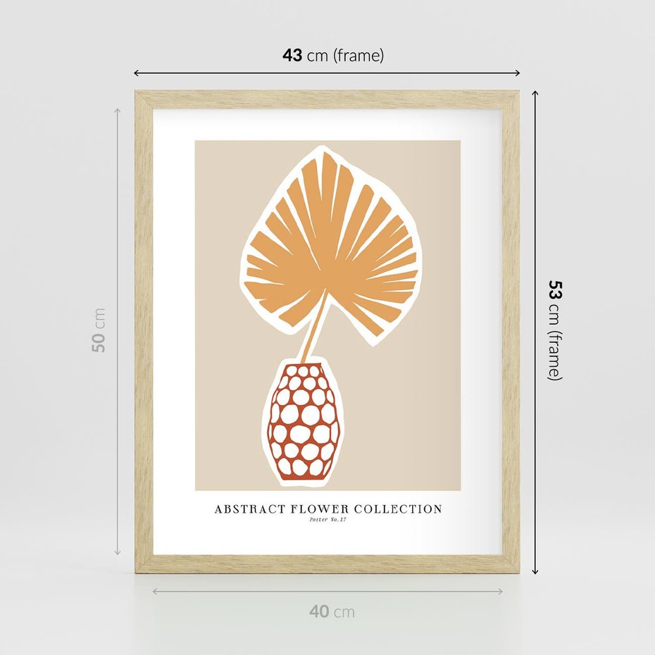 Plakat w ramie 40x50 - Kwiatowa Kreatywność - tropikalny liść w wazonie, typografia - rama drewno