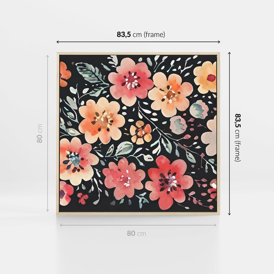 Obraz w ramie 80x80 - Labirynty melancholii - akwarelowe, pastelowe kwiaty na czarnym tle - rama drewno