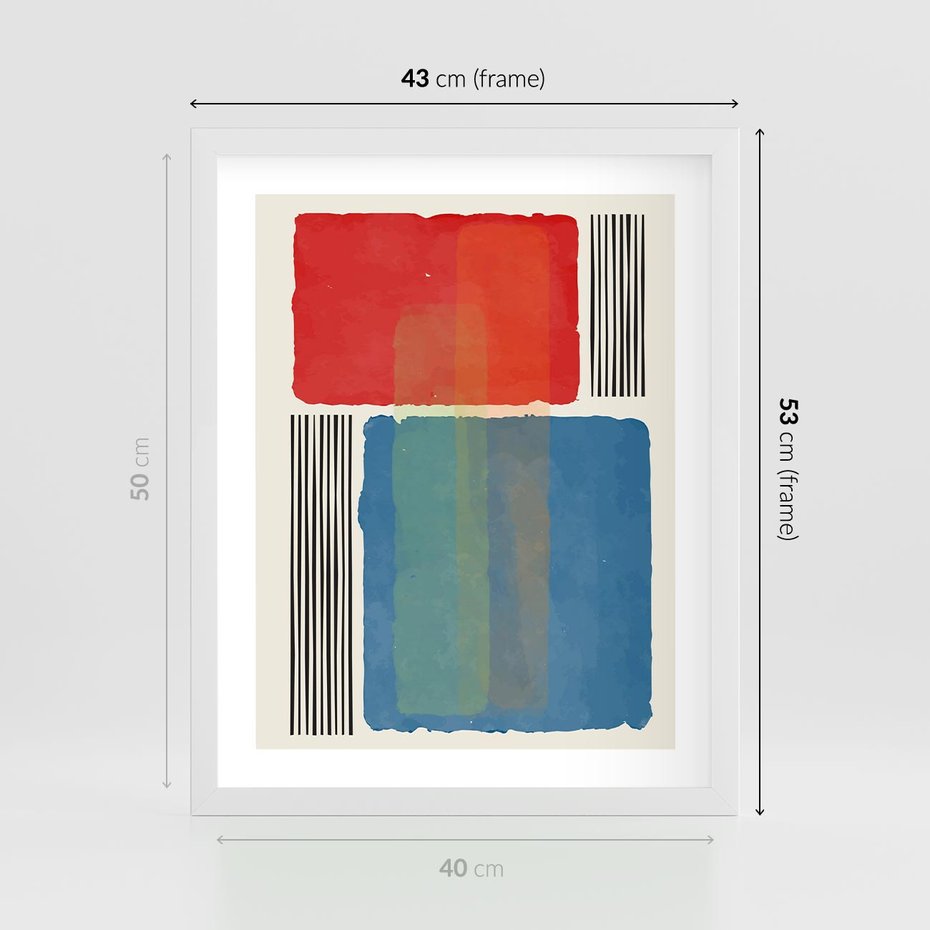 Plakat w ramie 40x50 - Kolorowe Spektrum - kolorowa geometria, prostokąty w intensywnych kształtach i czarne kreski - rama biała