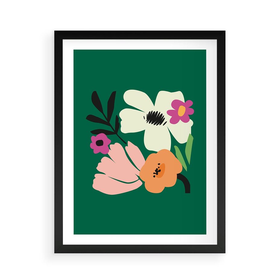 Plakat w ramie 50x70 - Rozbijające Echa - abstrakcyjne kwiaty, zielone tło - rama czarna
