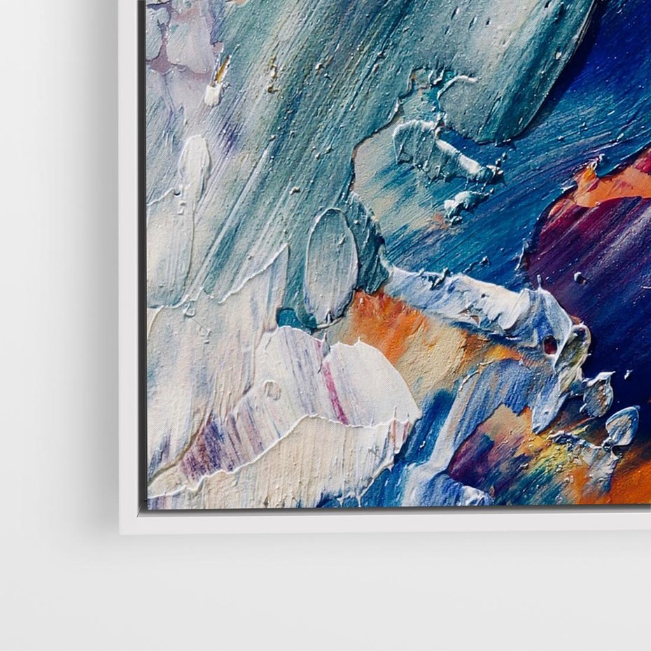 Obraz w ramie 50x50 - Rytmy ukrytych pragnień - chaos i abstrakcja, plamy koloru - rama biała