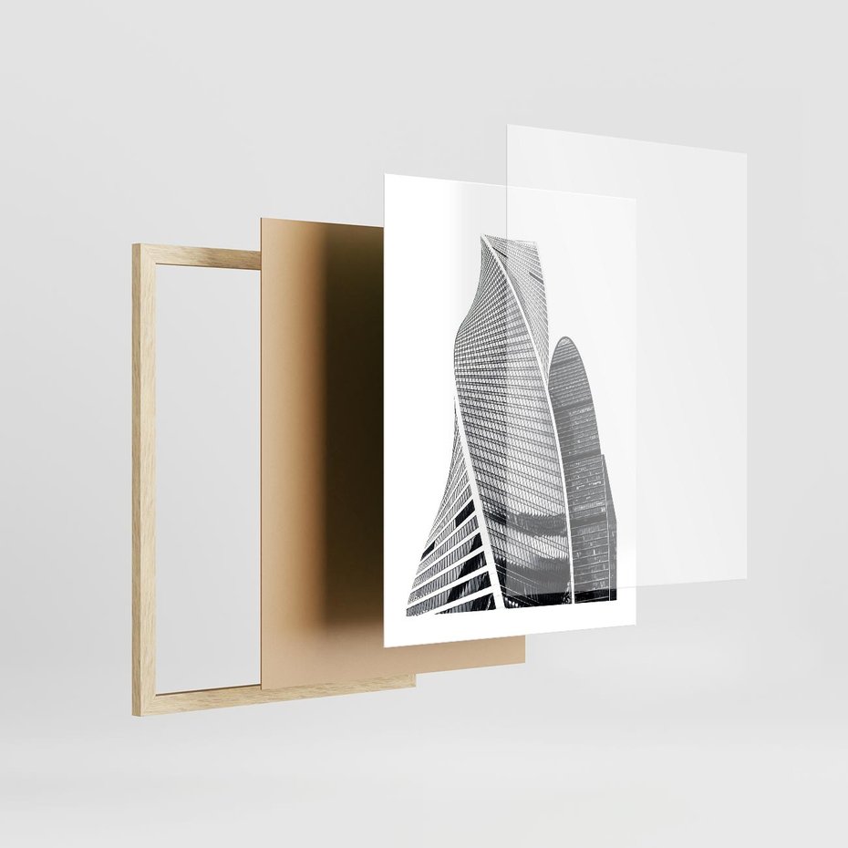 Plakat w ramie 30x40 - Wieżowce z Falistymi Kształtami - nowoczesne wieżowce, czarno biała fotografia - rama drewno