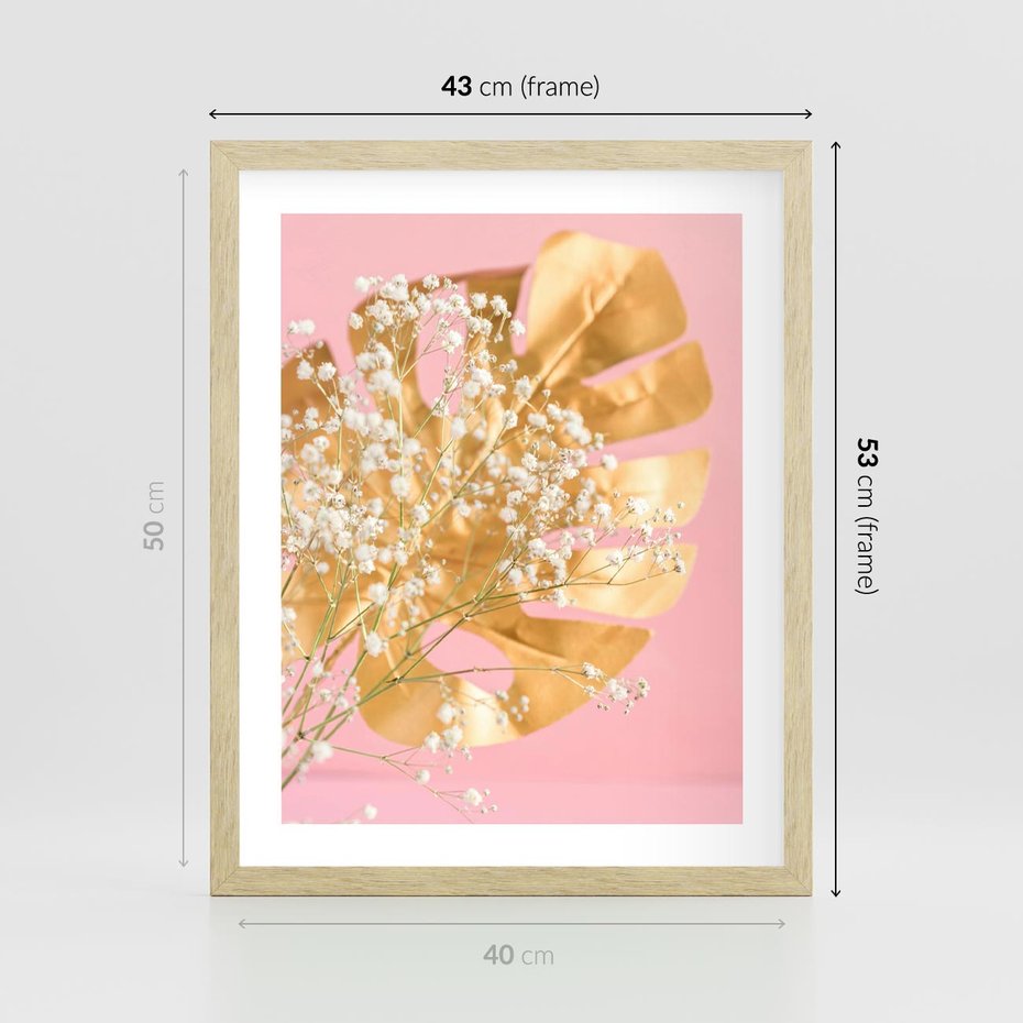 Plakat w ramie 40x50 - : Elegancja w Złocie - złote, liście - rama drewno