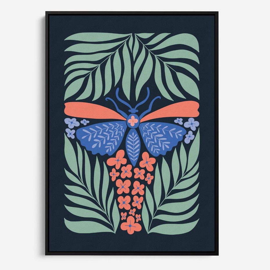 Obraz w ramie 50x70 - Granatowa Noc - granatowe tło, abstrajcyjna ćma - rama czarna