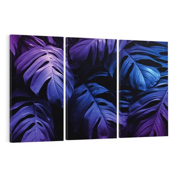 Obraz na płótnie 120x80 - Mroczna Magia Dżungli - mroczna grafika, fioletowe liście monstery na czarnym tle