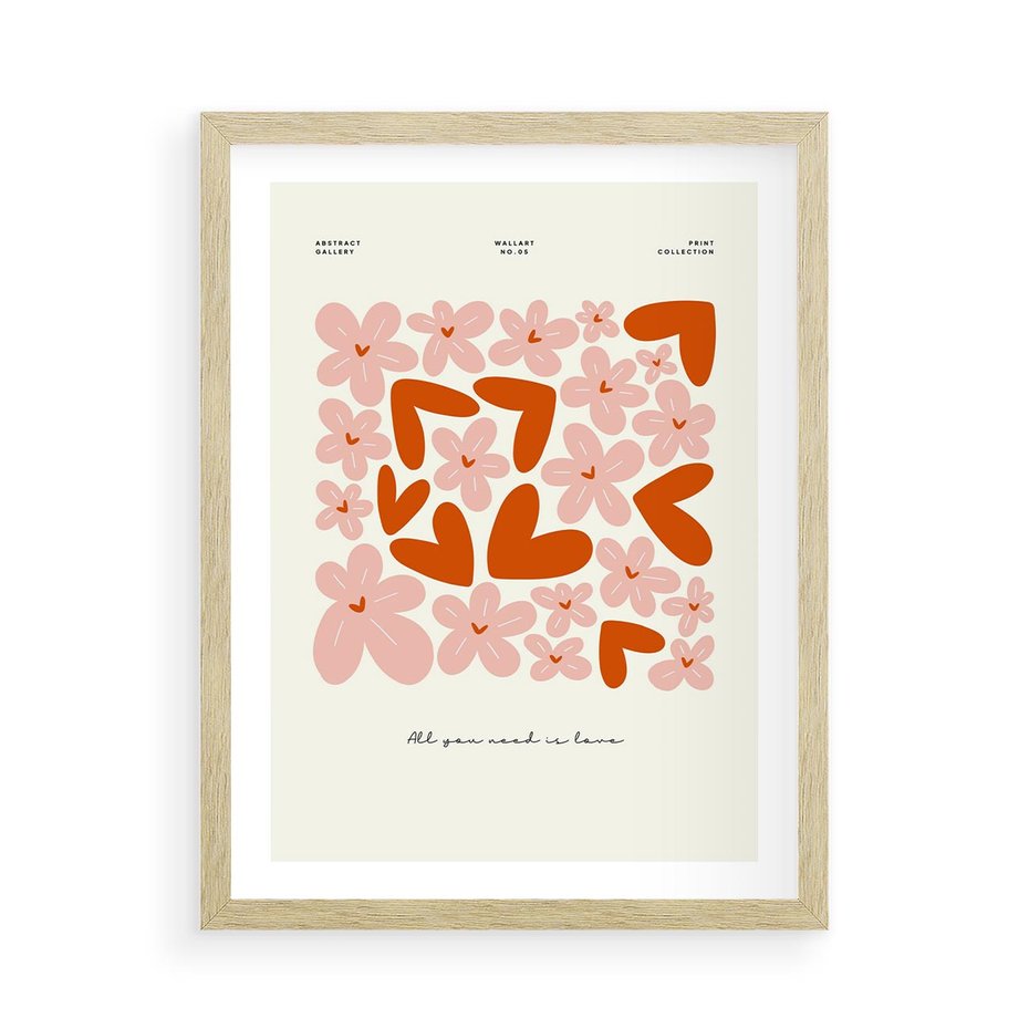 Plakat w ramie 50x70 - Miłość w Kompozycji - grafika, kompozycja kwiaty i serca - rama drewno